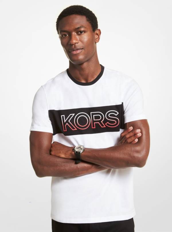 Panske Tricko Michael Kors Ombré Logo Stripe Cotton Jersey Biele - Oblecenie Michael Kors Outlet | YPVSB-7841